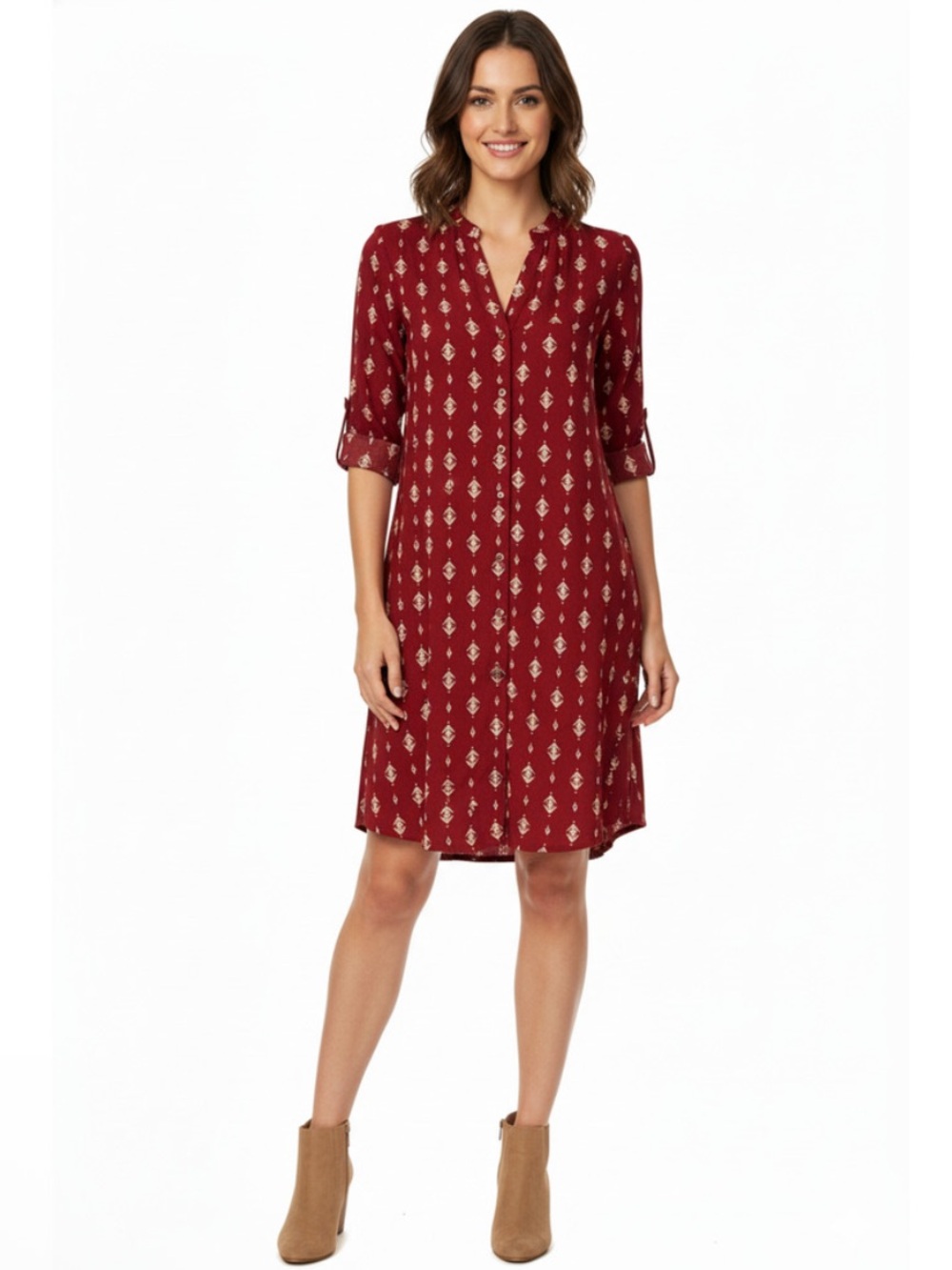 41 Hawthorn Burgandy Red Shirt Dress Button Front Roll Tab Sleeves Belted Sz L